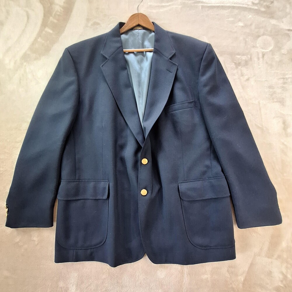 Stafford Blazer Mens 46 Regular Navy Blue Gold Button Wool Blend Classic Jacket